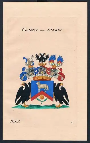 Grafen von Linker Wappen Kupferstich Genealogie Heraldik coat of arms