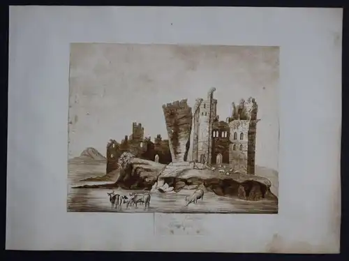 - Caerphilly Castle Watercolor Wales Aquarell drawing Biedermeier
