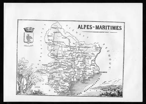 Alpes-Maritimes - Nice Ventimiglia Frankreich France Departement Karte map Holzstich