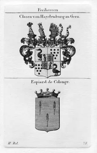 Closen Haydenburg Espiard Cologne Wappen heraldry Heraldik Kupferstich
