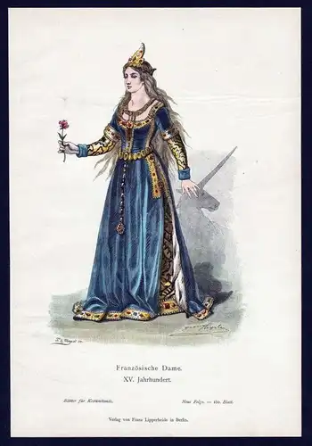 Frankreich Dame 15. Jahrhundert Trachten Tracht costume original Grafik