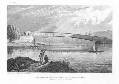 Schuylkill River Fluss Brücke Philadelphia engraving Original