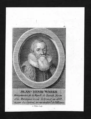 Jean-Henri Waser - Johann Heinrich Waser (1600 - 1669) Bürgermeister Zürich Schweiz Kupferstich Portrait