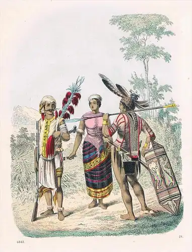 Borneo Tracht Trachten Kostüme Asien - Lithographie lithography