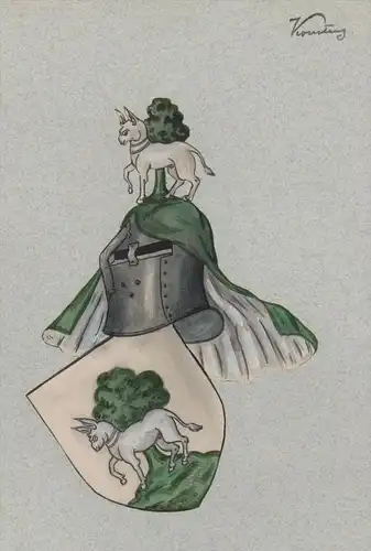 Ritter Rüstung Pferd Baum Wappen Genealogie genealogy Original Aquarell