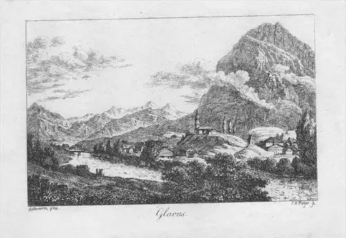 Glarus Gesamtansicht Original Kupferstich gravure engraving