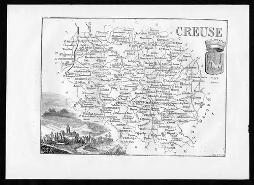 Creuse - Gueret Aubusson Frankreich France Departement Karte map Holzstich