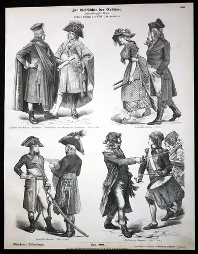 Zur Geschichte der Costüme - Frankreich Uniformen 18. Jh Trachten Münchener Bilderbogen Nr 800