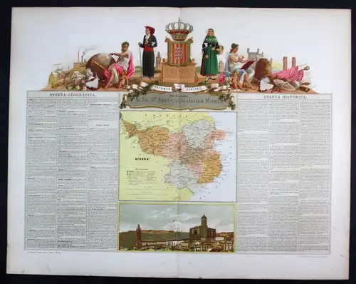 Gerona Espana Spain Spanien map Karte carta Lithographie Litho Chromo