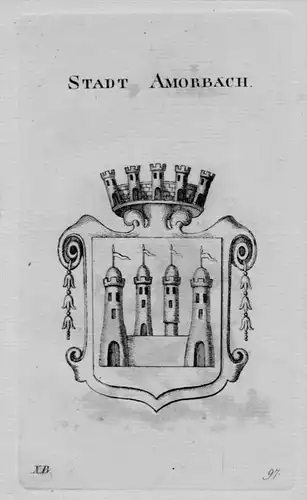 Stadt Amorbach Wappen Adel coat of arms heraldry Heraldik Kupferstich