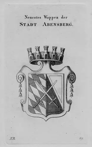 Stadt Abensberg Wappen Adel coat of arms heraldry Heraldik Kupferstich