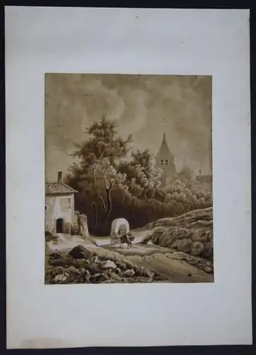 - Kutsche Pferdekutsche Dorflandschaft watercolor Aquarell Biedermeier