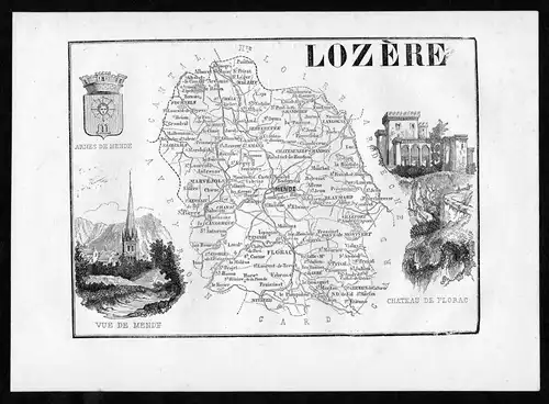 Lozere - Mende Florac Frankreich France Departement Karte map Holzstich