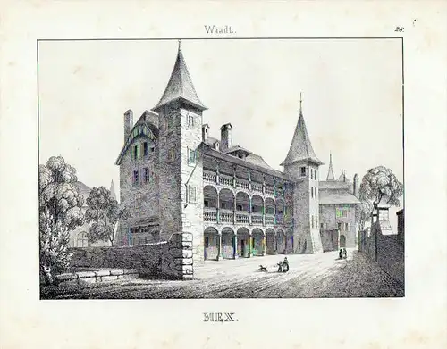 Unteres Schloss Mex / Schweiz - original Lithographie Ansicht