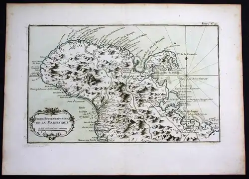 Martinique island Lesser Antilles Bellin handcolored antique map