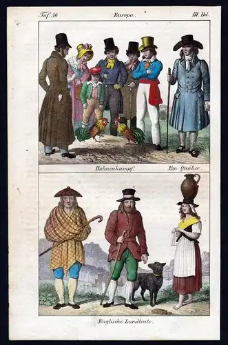 England Quaker Hahnenkampf Trachten costumes Lithographie