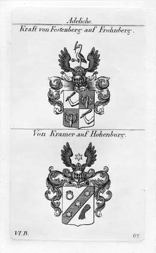Kraft Festenberg Frohnberg / Kramer Hohenburg - Wappen coat of arms Heraldik heraldry Kupferstich