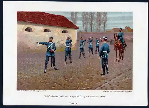 Hiebfechten Dragoner Württemberg Militaria Uniform Krieg Lithographie