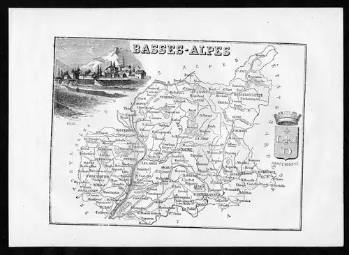 Basses-Alpes - Digne Castellanne Frankreich France Departement Karte map Holzstich