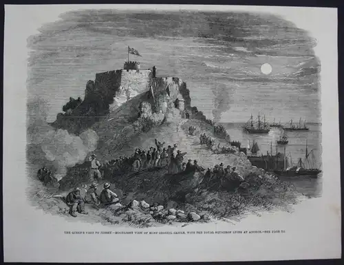The Queens visit to Jersey moonlight view of Mont Orgeuil Castle with the Royal Squadron lying at anchor - Mon