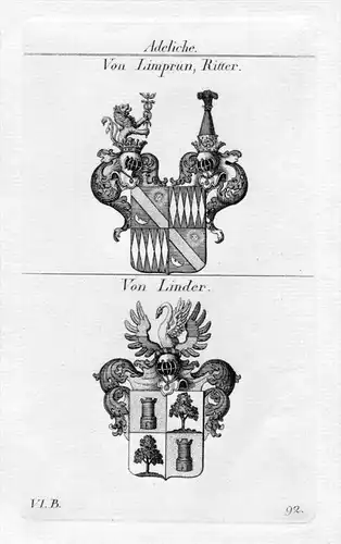 Limprun Ritter / Von Linder / Bayern - Wappen coat of arms Heraldik heraldry Kupferstich