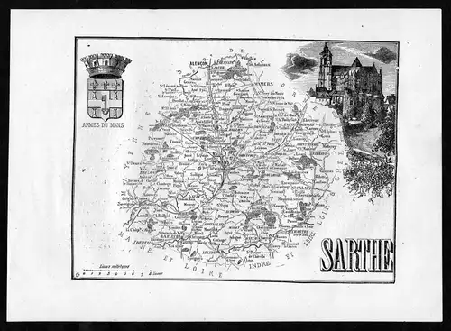 Sarthe - Alencon Frankreich France Departement Karte map Holzstich