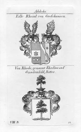 Rheinl Grosshausen / Rhode Rhodius Gnadenfeld - Wappen Adel coat of arms heraldry Heraldik Kupferstich