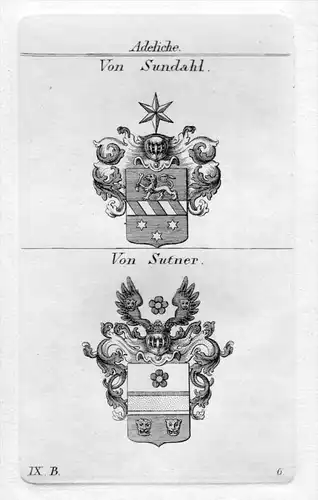 Sundahl Suttner - Wappen Adel coat of arms heraldry Heraldik Kupferstich