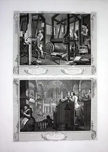 "The Fellow Prentices at their looms Industry and Idleness" - Webstuhl Lehrling Kirche fleißig faul Radierung etching