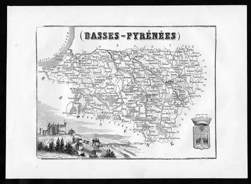 Basses-Pyrenees - Pau Oloron Pyrenees Frankreich France Departement Karte map Holzstich