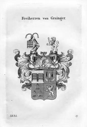 Freiherr Grainger Adel Wappen coat of arms heraldry Heraldik Kupferstich