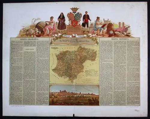 Teruel Espana Spain Spanien map Karte carta Lithographie Litho chromo