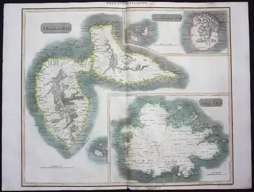 West India Islands - West Indies Guadeloupe Antigua Marie Galante island map Karte Thomson