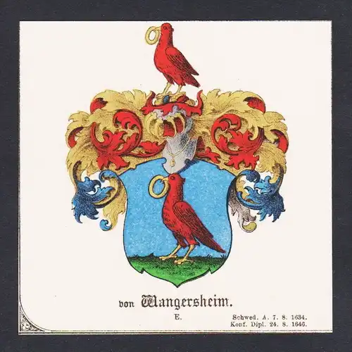. von Wangersheim Wappen Heraldik coat of arms heraldry Litho