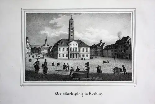 Rochlitz Markt Marktplatz Kirche Rathaus Soldaten Sachsen Lithographie