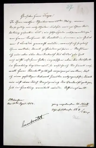 handschriftlicher Brief mit Unterschrift vom 10. April 1854. / autograph letter with signature.