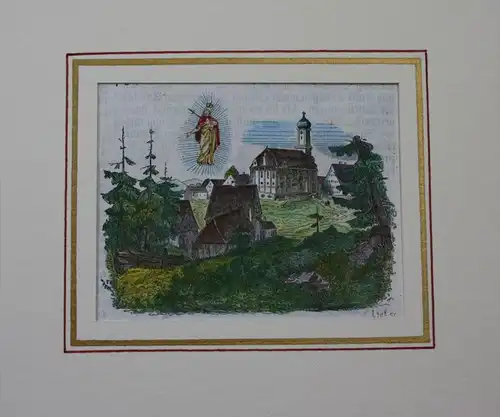 Wallfahrtskirche Maria Steinbach Legau Holzstich koloriert Passepartout 19 Jh
