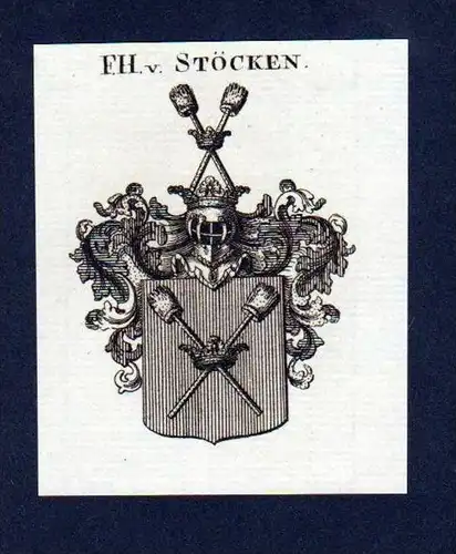 Freiherren von Stöcken Kupferstich Wappen engraving Heraldik crest