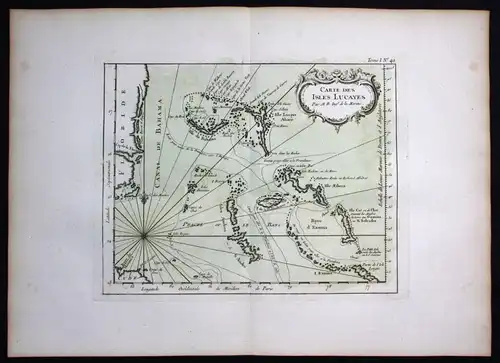 Lucayan Archipelago Bahama Bahamas Bellin handcolored antique map