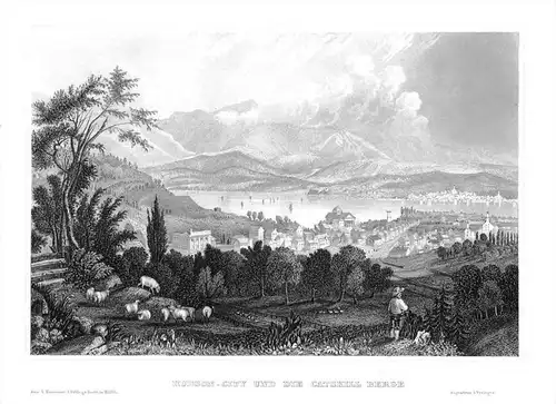Hudson-City und die Catskill Berge New York Original  engraving