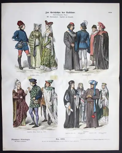 Frankreich England 15. Jh. Kostüme Trachten Tracht Münchener Bilderbogen