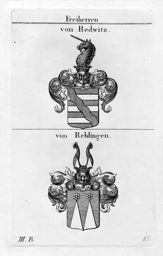 Redwitz Rehlingen - Wappen Adel coat of arms heraldry Heraldik Kupferstich
