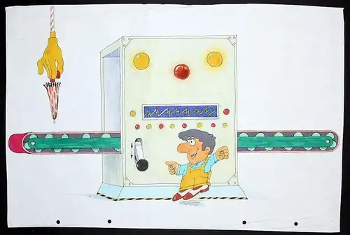 70er - Karikatur Cartoon Computer Regenschirm Original Zeichnung