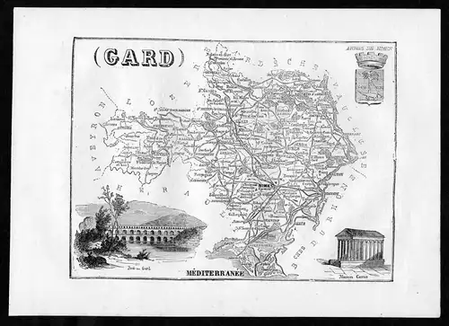 Gard - Nimes Frankreich France Departement Karte map Holzstich