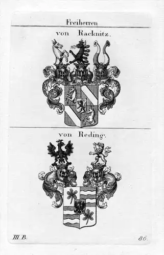 Racknitz Reding - Wappen Adel coat of arms heraldry Heraldik Kupferstich