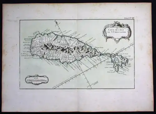 Carte de l'Isle de St. Christophe - Saint Kitts island Lesser Antilles Bellin handcolored antique map