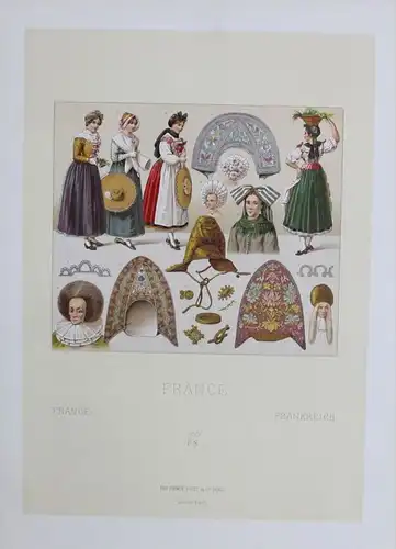 France Frankreich Kopfbedeckung Trachten costumes Lithographie lithograph