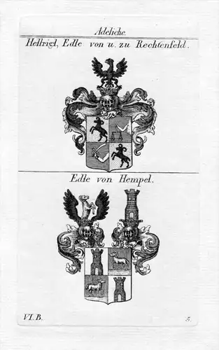 Hellrigl, Rechtenfeld / Edle von Hempel - Wappen coat of arms Heraldik heraldry Kupferstich