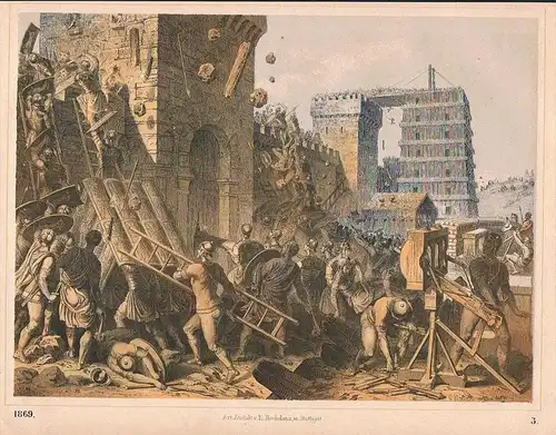 Sturm auf eine belagerte Stadt - Lithographie lithography