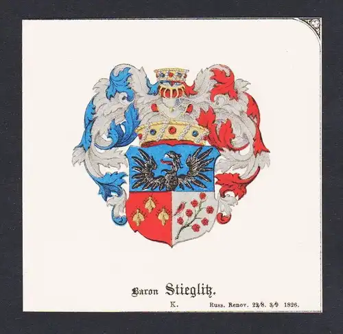 . Baron Stieglitz Wappen Heraldik coat of arms heraldry Lithographie